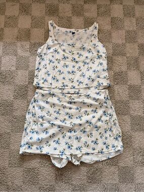 Floral Linen Skort Set - White with Blue Floral